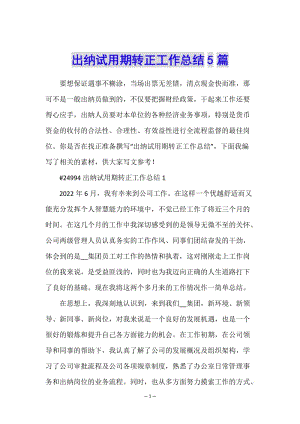 出納試用期轉(zhuǎn)正工作總結(jié)5篇(編輯修改稿)